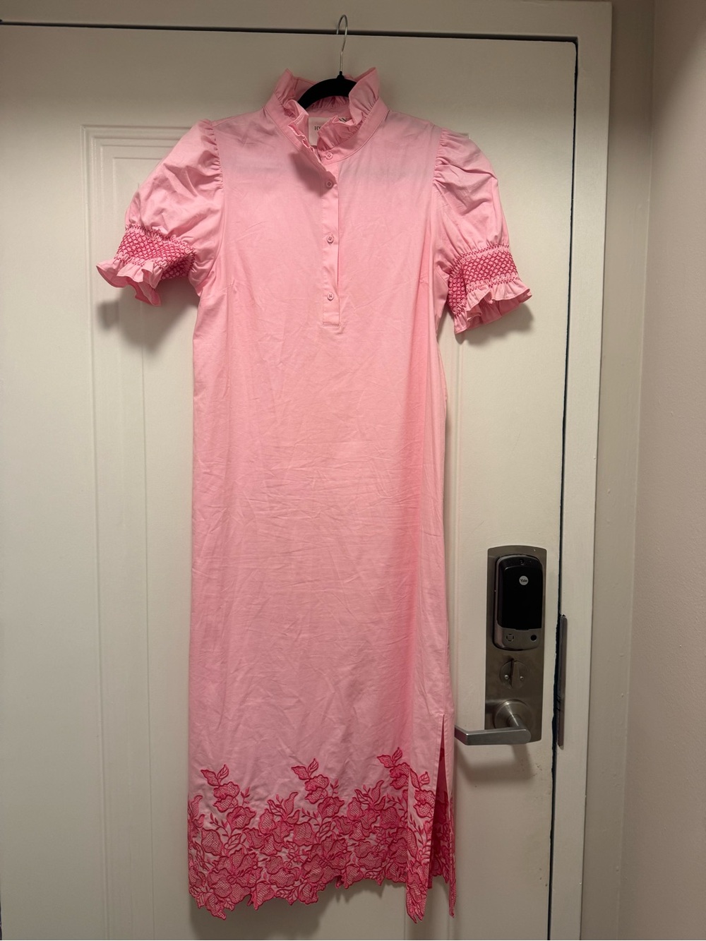 Women’s Pink Maxi Dress with Floral Hem and Ruffle Collar